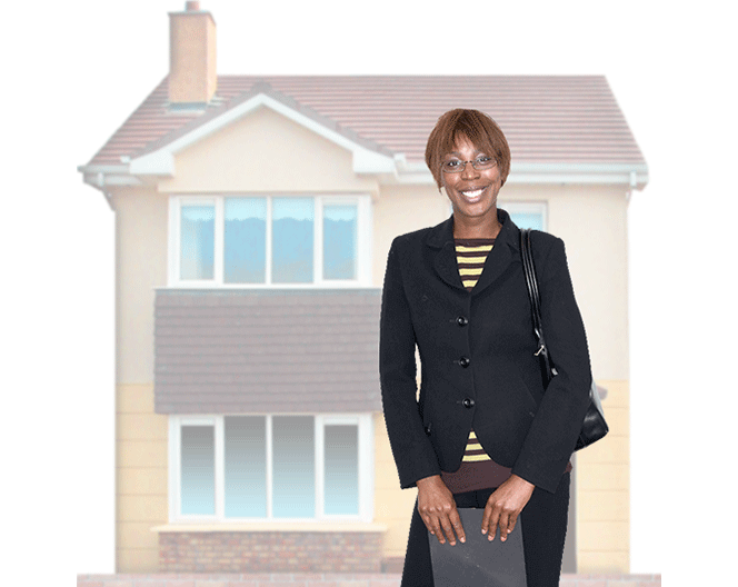 An image of a woman stood in front of a house