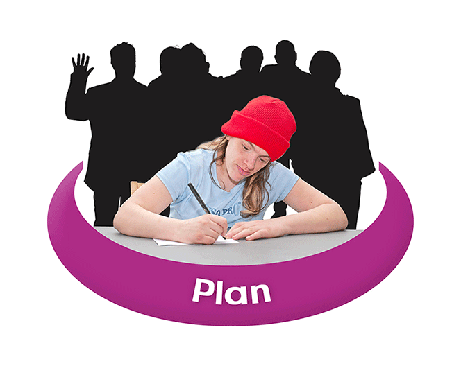 An image of one person and plan written underneath