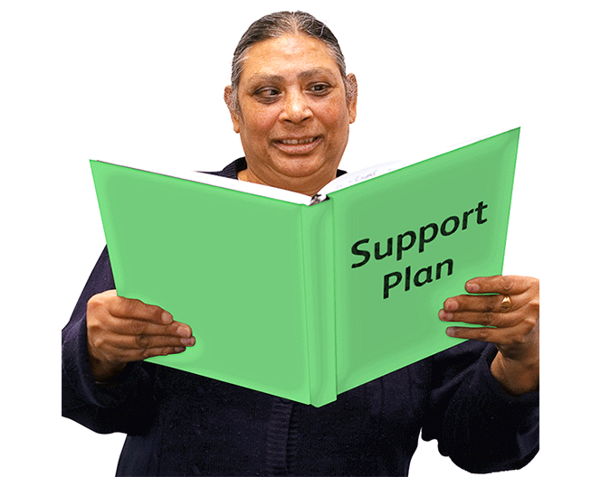 An image of a woman holding her support plan
